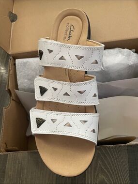 Clarks White Triple-Strap Casual Sandal with Cutout Accents